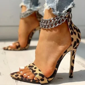 Fitsupfashion Women Sexy Metal Chain Buckle Ankle Strap Animal Printed High Heels