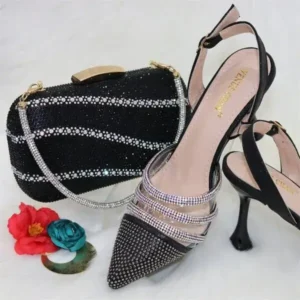 Fitsupfashion Women Classic Black Pointed Shoes Transparent Pvc Rhinestone Chain Square Hand Bag Set