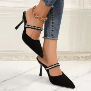 Fitsupfashion Summer Women Fashion Plus Size Elegant Pointed Toe Strap Rhinestone Stiletto Heel Slippers