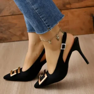 Fitsupfashion Summer Women Fashion Casual Plus Size Solid Color Pointed Toe Metal Buckle Sling Back High Heel Sandals