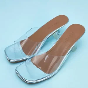 Fitsupfashion Women Fashion Casual Square Toe Transparent Design Mid Heel Slippers