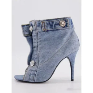 Fitsupfashion Women Fashion High Heel Denim Button High Top Boots