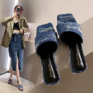 Fitsupfashion Women Fashion Casual PU Denim Square Toe Chunky Heel Slippers