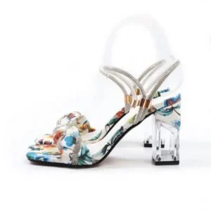 Fitsupfashion Women Fashion Sexy PU Rhinestone Floral Printed Square Toe Chunky Heel ?Sandals