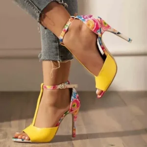 Fitsupfashion Women Fashion Sexy Floral Printed Peep Toe Stiletto Heel Ankle Strap Buckle Sandals