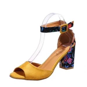 Fitsupfashion Women Fashion Sexy PU Floral Printed Peep Toe Chunky Heel Ankle Strap Buckle Sandals