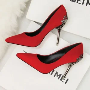 Fitsupfashion Women Fashion Sexy PU Solid Color Pointed Toe Metal Stiletto Heel Pumps