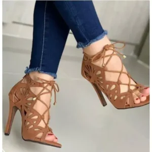 Fitsupfashion Women Fashion Sexy Solid Color Hollow Peep Toe Stiletto Heel Bandage Sandals