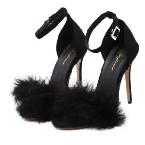 Fitsupfashion Women Fashion Sexy PU Solid Color Feather Peep Toe Stiletto Heel Ankle Strap Buckle Sandals