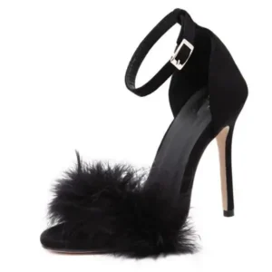 Fitsupfashion Women Fashion Sexy Solid Color Feather Peep Toe Stiletto Heel Ankle Strap Buckle Sandals