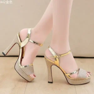 Fitsupfashion Women Fashion Elegant PU Round Toe Platform Ankle Strap Buckle Sandals