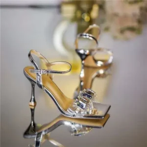 Fitsupfashion Women Fashion Sexy PU Rhinestone Square Toe Ankle Strap Buckle Stiletto Heel Sandals