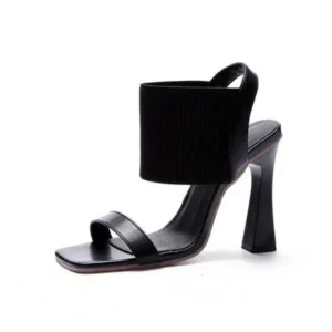 Fitsupfashion Women Fashion Elegant Solid ColorPU Square Toe Chunky Heel Elastic Sandals