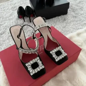 Fitsupfashion Women Fashion Elegant PU Square Toe Rhinestone Stiletto Heel Ankle Strap Buckle Sandals