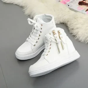 Fitsupfashion Women Fashion Solid Color Side Zipper Lace-Up Round Head Thick-Soled Sneakers