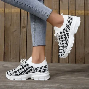 Fitsupfashion Summer Women Fashion Casual Geometric Print Fly-Woven Lace-Up Sneakers