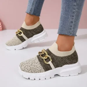 Fitsupfashion Women Fashion Color Block Metal Chain Thick-Soled Breathable Fly-Woven Sneakers