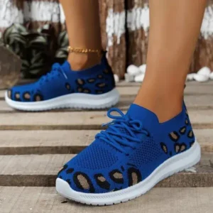 Fitsupfashion Women Fashion Casual Leopard Print Round Toe Fly-Woven Stretch Sneakers