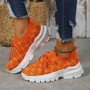 Fitsupfashion Women Fashion Plus Size Casual Flying Woven Lace-Up Round Toe Sneakers