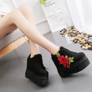 Fitsupfashion Women Fashion Casual PU Floral Printed Thick-Soled Lace-Up Canvas Sneakers