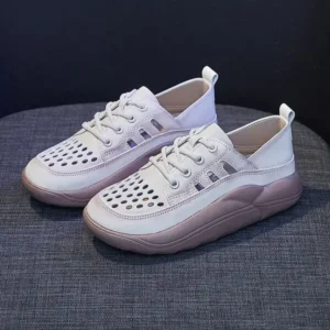 Fitsupfashion Women Fashion Casual Solid Color PU Lace-Up Hollow Breathable Sneakers