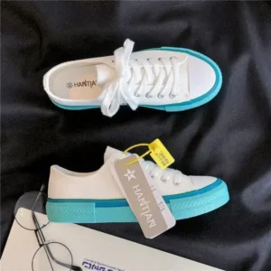 Fitsupfashion Women Fashion Cream Blue Canvas Lace-Up Sneakers