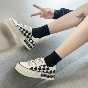 Fitsupfashion Women Fashion Platform Checkerboard Canvas Sneakers