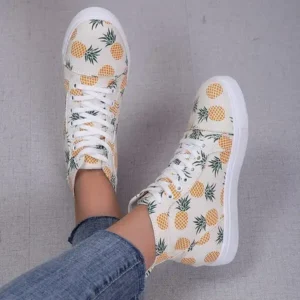 Fitsupfashion Women Fashion Round Toe Lace-Up Pineapple Strawberry Flat Sneakers