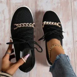 Fitsupfashion Women Fashion Round Toe Rhinestone Metal Decoration Lace-Up Mesh Sneakers