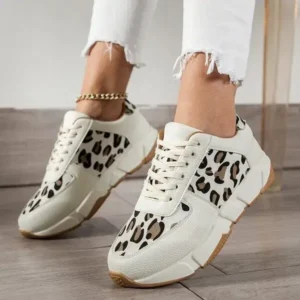 Fitsupfashion Women Fashion Round Toe Stitching Lace Up Low Top Leopard Sports Sneakers